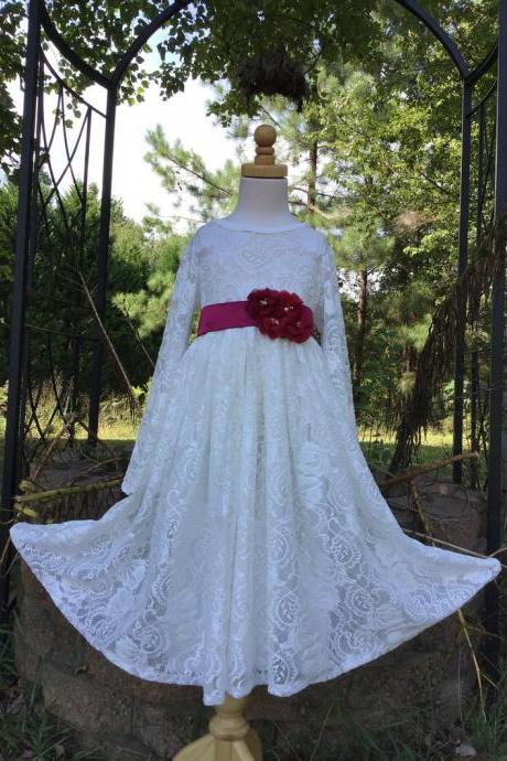 White Lace Flower Girl Dress,lace Flower Girl Dress,long Sleeve Lace Dress,country Weddings,rustic Wedding Flower Girl Dress
