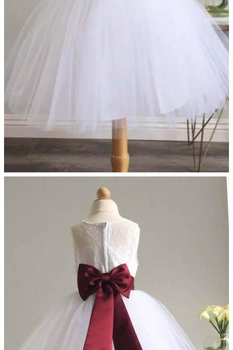 White Long Tulle Flower Girl Dress With Burgundy Sash, Puffy Sleeveless Dress With Bowknot