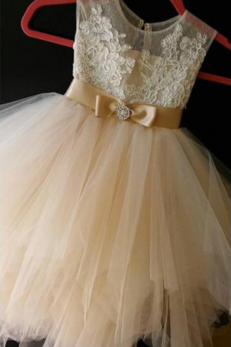 Tulle Flower Girl Dress With Lace, Cute Flower Girl Dress With Bow Belt