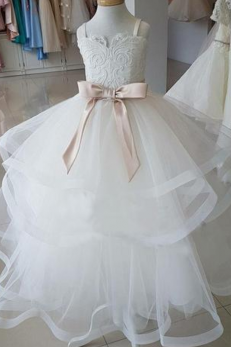 Straps Ivory Long Flower Girl Dress With Bow, Cute Flower Girl Dresses With Belt