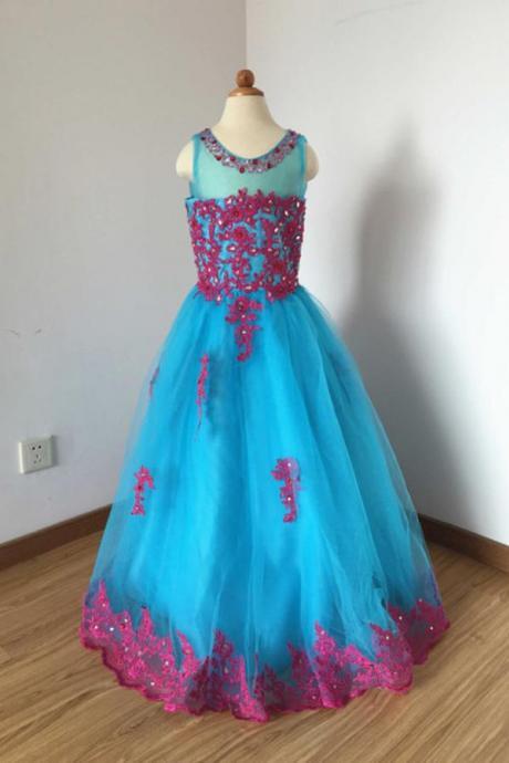 A Line Floor Length Blue Sleeveless Tulle Flower Girl Dress with Lace Applique