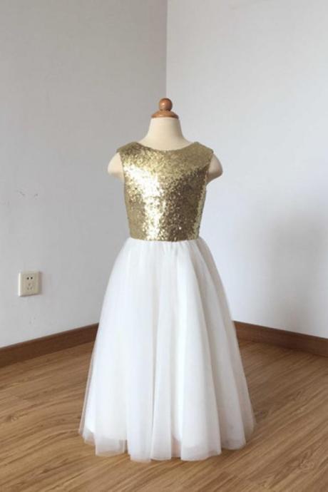 A Line Floor Length Ivory Tulle Flower Girl Dress With Gold Sequin, Flower Girl Dress