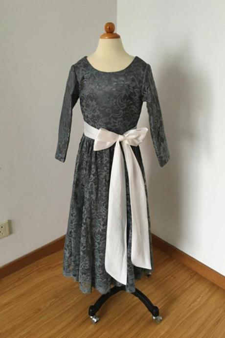 Long Sleeves Charcoal Gray Lace Floor Length Flower Girl Dress With Ivory Sash