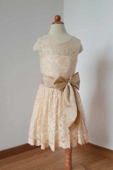 A Line Ankle Length Sleeveless Ruched Lace Flower Girl Dress with Bow