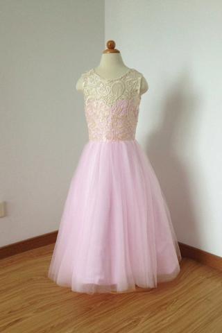 Lace Top Pink Tulle Long Flower Girl Dress With Bow, Cute Floor Length Flower Girl Dress