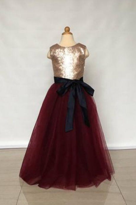 Floor Length Sleeveless Gold Sequin Burgundy Tulle Flower Girl Dress With Black Sash