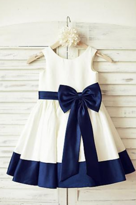 Ivory Flower Girl Dress With Navy Blue Belt,a-line Sleeveless Flower Girl Dress With Bowknot