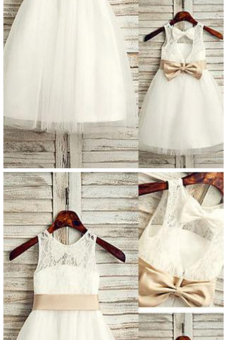 A-line Cute Ivory Lace Top Tulle Sleeveless Flower Girl Dress With Bowknot