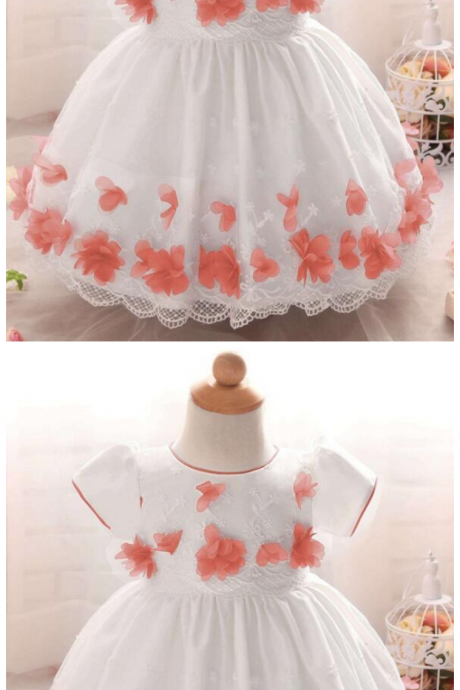 Wedding Flower Little Girls Dress O-neck Tulle Party Gowns ,bady Dress,pricess Flower Girl Dress, Short Sleeve Girls Dress