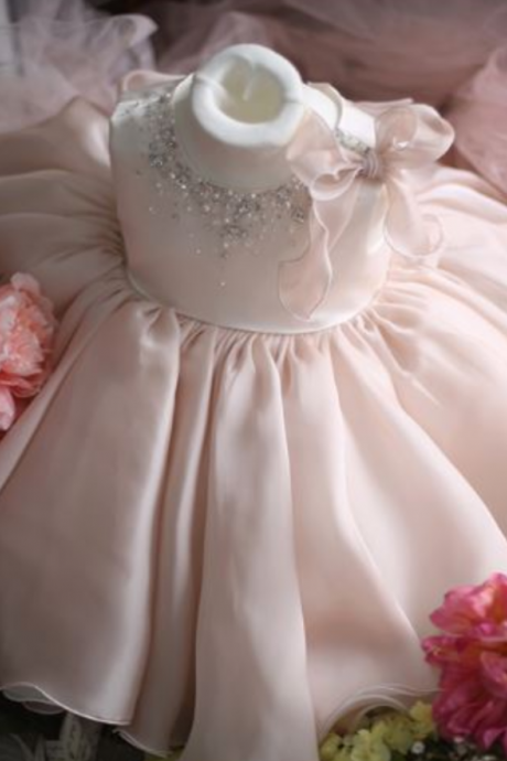 Flower Girl Dress, Pink Flower Girl Dress, Light Pink Flower Girl Dress, Bow Shoulder Flower Girl Dress, Junior Bridesmaid Dress, Baby Girl