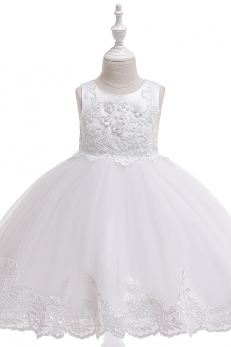 Applique Lace Flower Girl Dress Princess Wedding Birthday Prom Party Tutu Gonws Kids Children Clothes White