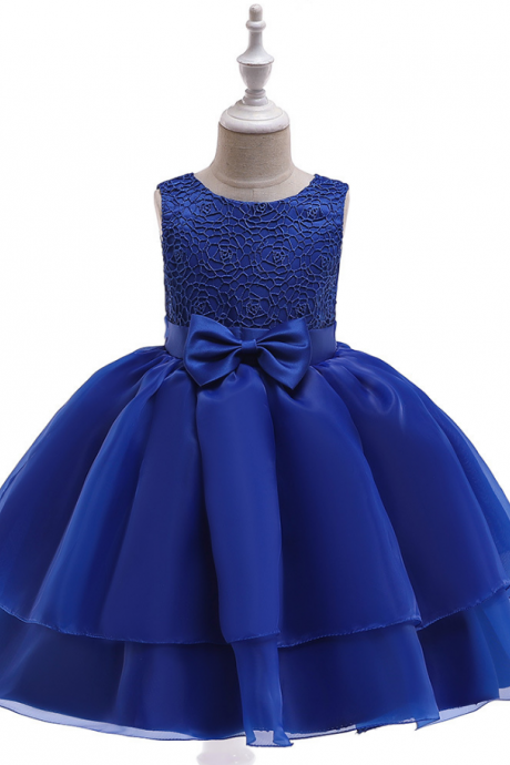 Lace Flower Girl Dress Sleeveless Layered Wedding Formal Birthday Cumunion Party Gown Children Clothes Royal Blue
