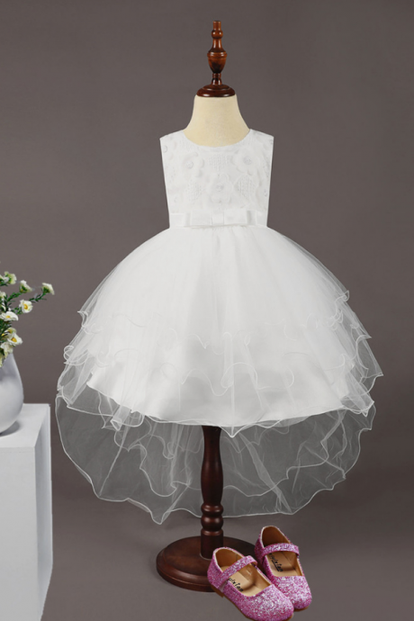 High Low Flower Girl Dress Sleeveless Trailing Wedding Birthday Toddler Party Tutu Gown Children Clothes Off White