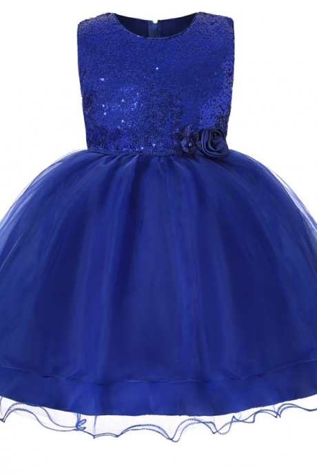 Sequined Flower Girl Dress Sleeveless Teens Wedding Formal Birthday Party Gown Children Kids Clothes Royal Blue