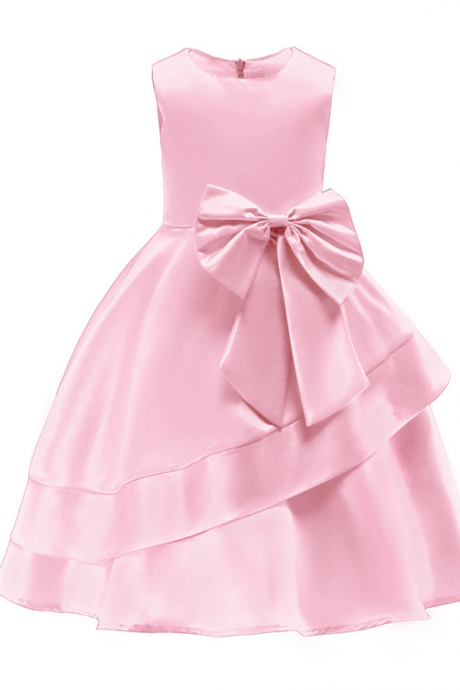 Sleeveless Flowers Girl Dress Layered Bow Princess Formal Birthday Party Gown Children Kids Clothes Pink