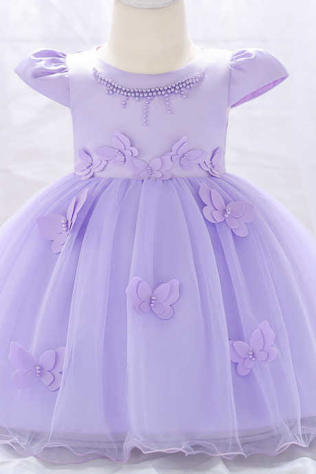 Newborn Baby Girl Dress Cap Sleeve Butterfly Flower Birthday Party Tutu Gown Children Clothes Lilac