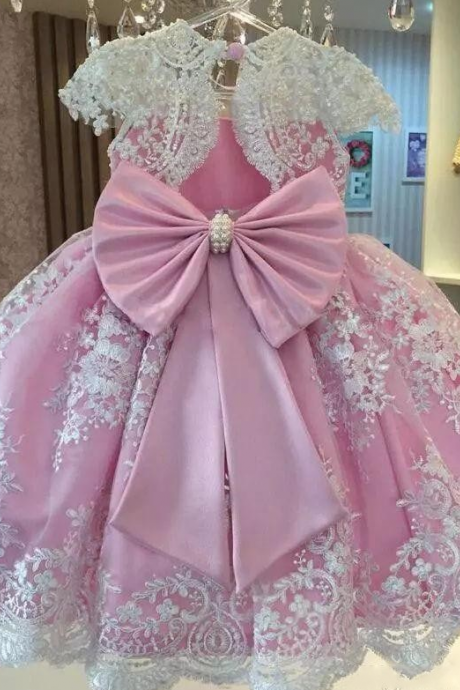 Pink Girls Flower Dresses For Party Vestido Daminha Pearls Sash Bow Cap Sleeves Flower Girl Dress Lace First Communion Dress