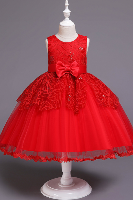 Lace Flower Girl Dress Princess Wedding Communion Birthday Party Gown Children Kids Clothes Red