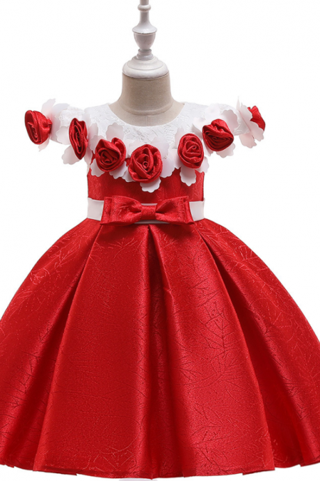 Princess Flower Girl Dress Floral Satin Formal Party Birthday Gown Children Kids Clothes Red