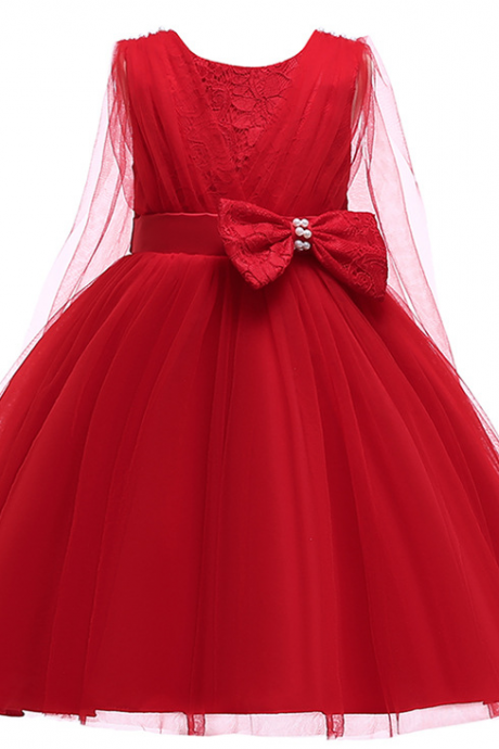 Lace Flower Girl Dress Sleeveless Formal Evening Birthday Tutu Gown Children Kids Clothes Red