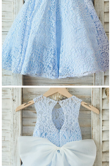 Adorable Blue Flower Girl Dresses Lace Appliques Toddler Infant Tea Length Kids Birthday Christmas Dress Girls Wedding Party Gowns