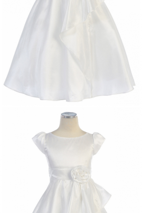 White Cap Sleeve Taffeta Dress W/ Front Cascade Ruffle