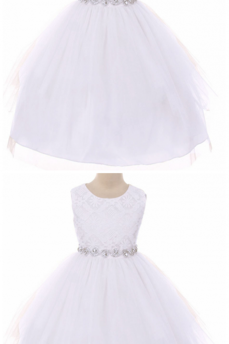 White Sleeveless Lace Contrast Double Tulle Dress W/ Bejeweled Waist