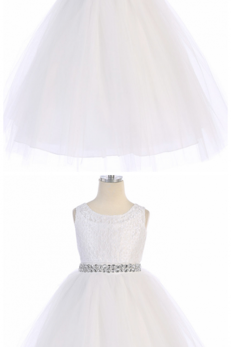 White Lace & Tulle Dress W/ Rhinestone Belt
