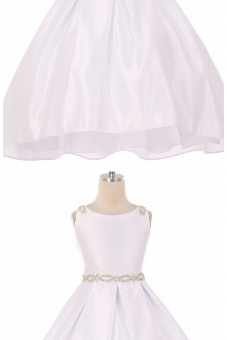 White Satin High Low Dress W/ Beaded Shoulder & Belt