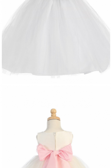 White Poly Silk Bodice & Tulle Skirt Dress W/ Detachable Flower