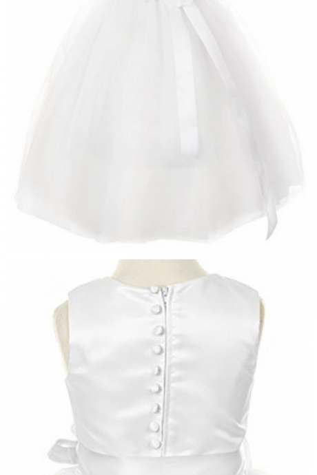 White Matte Satin V-neck Tulle Skirt Dress W/ Detachable Sash & Flower