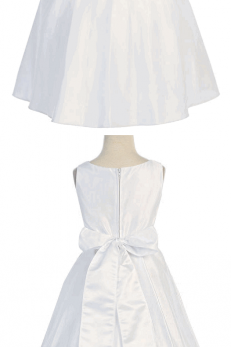White Satin A-line Dress W/ Flowers & Beaded Waistline
