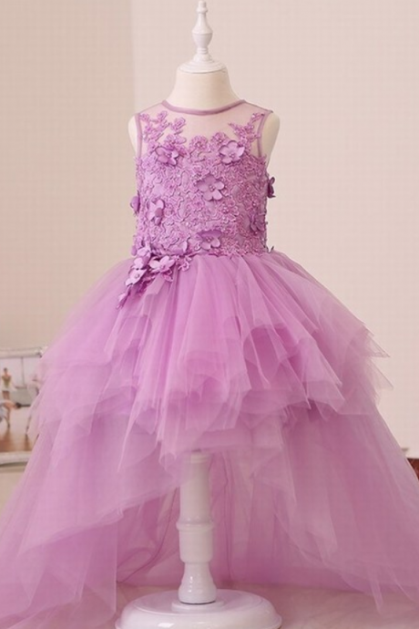 Formal Kids Purple Lace Applique Children Flower Girl Dresses .flower Girl Dresses.flower Gril Dresses,satin Flower Girl Dresses Ytz134