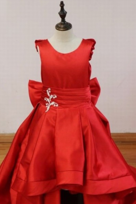 Pretty Red Long High Low First Communion Dresses For Girls With Crystal Bow Princess Flower Girl Dresses Kid Dress For Wedding St150 (1)