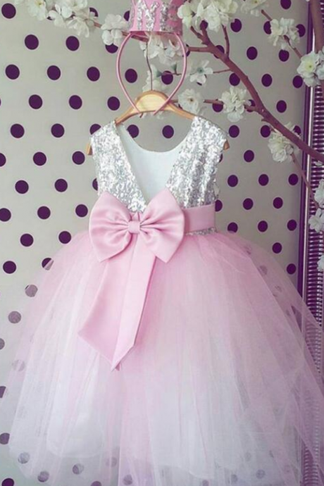 Silver Seqined Pink Tulle Flower Girl Dresses