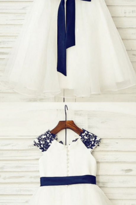 White &amp;amp;amp; Blue Flower Girl Dresses,tulle Flower Girl Dresses With Belt, Cute Dress For Little Girls