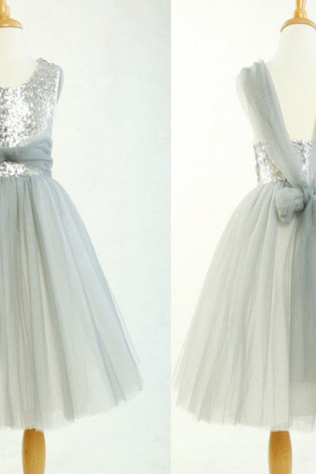 Silver Sequin Tulle Pretty Little Girl Dresses For Wedding Party, Flower Girl Dresses,