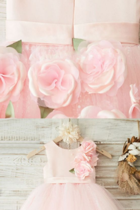 Pink Flower Girl Dresses,tulle Dresses For Little Girl, Pink Little Girl Dresses With Handmade Flowers