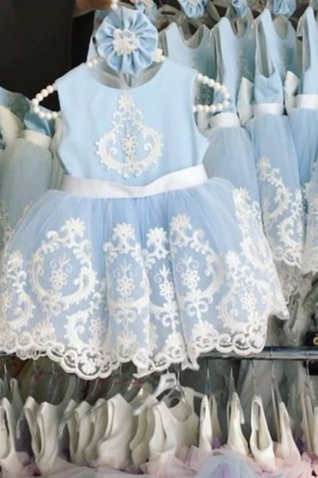 Flower Girl Dress, 2018 New White Lace Appliques Sky Blue Long Flower Girl Dresses Ball Gown Girl Communion Dress Girls Pageant Dress Kids Prom Party Dress