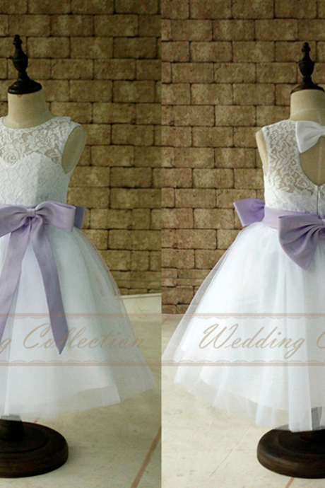 Pure White Lace Flower Girl Dresses, Tulle Flower Girls Dress With Lavender Sash and Bow,FG3249