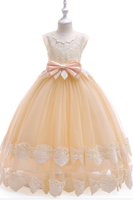 Champagne Flower Girl Dresses Floor Length Tulle Girls Wedding Party Dress With Lace Bow