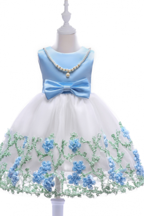 Light Blue Tea Length Floral Flower Girl Dresses