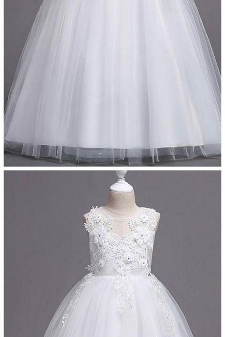 Lace Satin Tulle Jewel Neckline A-line Flower Girl Dress