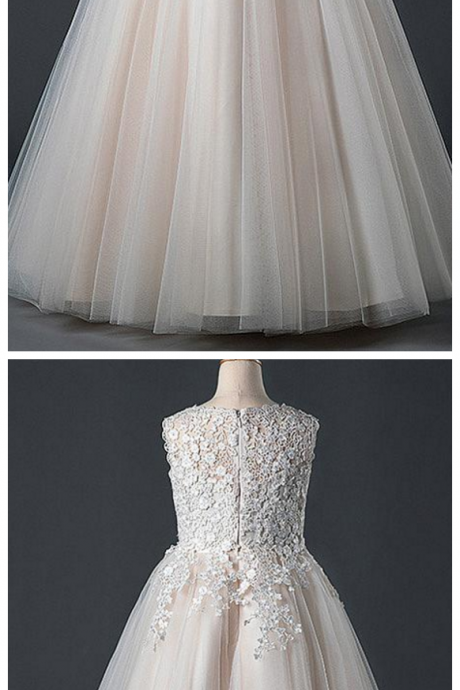 Tulle Jewel Neckline A-line Flower Girl Dress With Lace Appliques