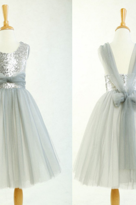 Round Neck Silver Sequin Tulle Pretty Little Girl Dresses For Wedding Party, Flower Girl Dresses, Fg003