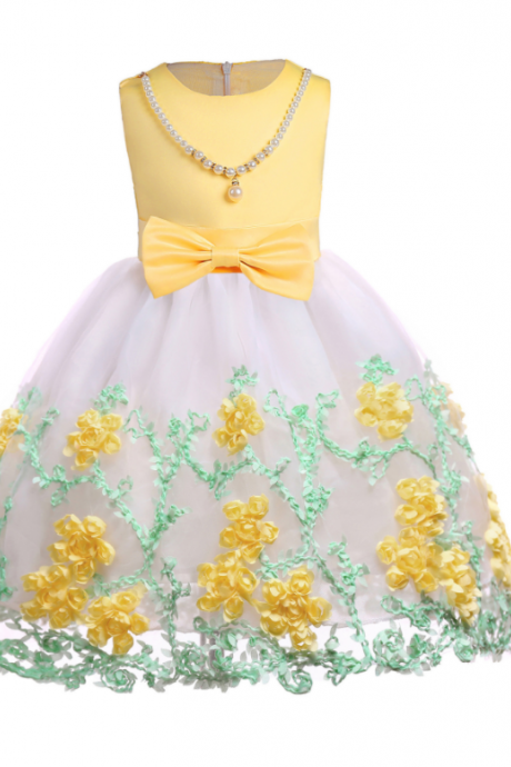 fashion yellow tea length floral flower girl dresses with bow ,first communion dresses for girls