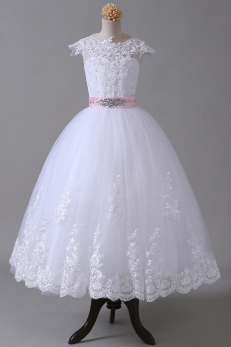 Flower Girl Dresses ,for Weddings Ball Gown ,cap Sleeves Tulle Appliques Lace Crystals First Communion Dresses
