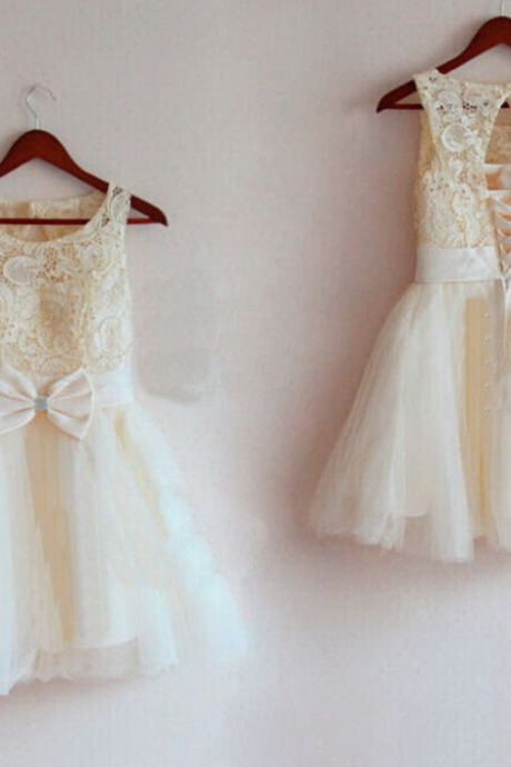 Formal Backless Tea Length Flower Girl Dresses Lace Kids Wedding Party Dresses 0502-25
