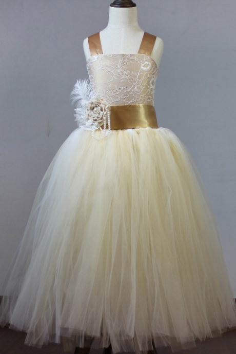 Champagne Floor Length Flower Girl Dresses Children Birthday Dress Lace Kids Wedding Party Dresses Wlj05