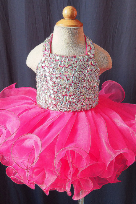 2016 Luxury Little Girls Pageant Dresses With Crystals Lovely Halter Cupcake Fuchsia Flower Girl Dresses